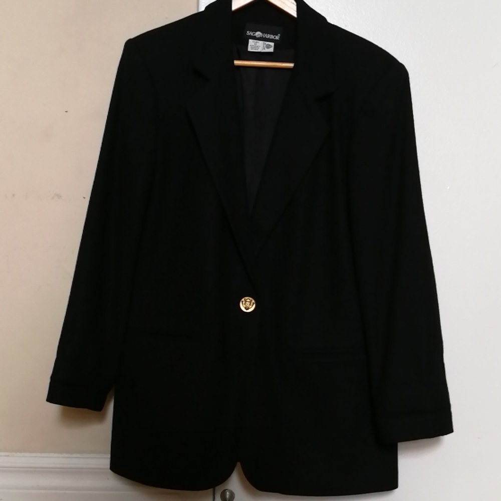 Vintage 100% Wool Black Blazer, Sz 10